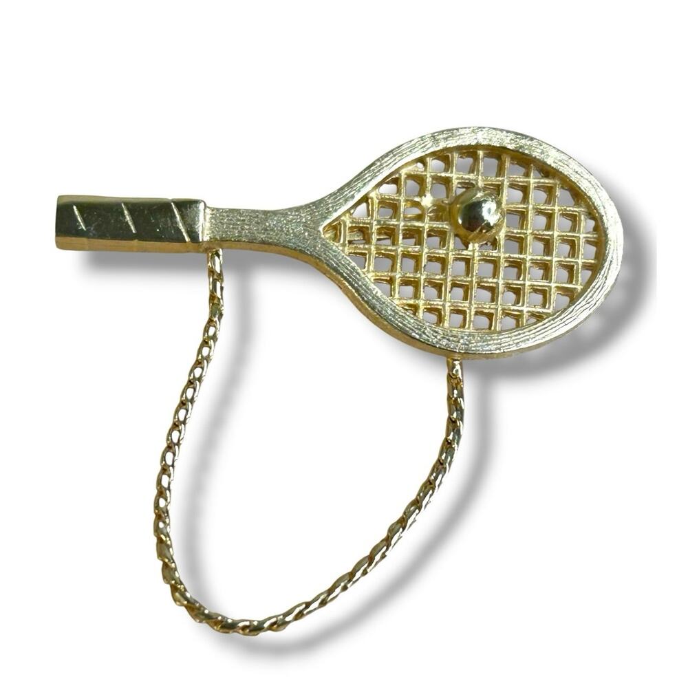 Vintage Tennis Racket Brooch Gold Tone Chain Accent Tennis Enthusiast